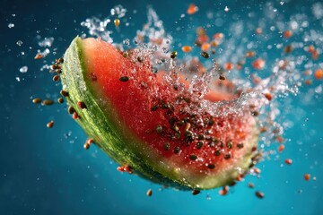A vibrant watermelon slice bursts open, releasing seeds and water against a dark turquoise backdrop