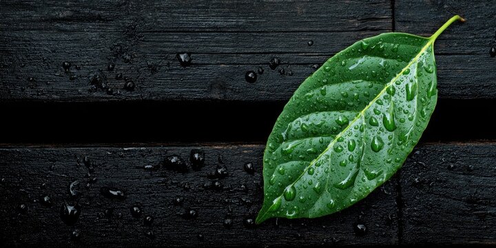 A vibrant green leaf glistens with droplets, resting on a dark, textured wooden surface - Powered by Adobe