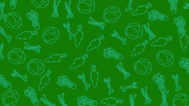 Seamless pattern with hand drawn line sketches of vegetables including carrots, cabbages, and celery. Monochrome green outline illustration ideal for healthy food, organic, or farm themes.