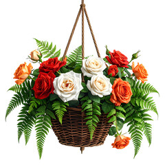 Hanging basket brimming with vibrant roses in shades of red, orange, and white, surrounded by green foliage