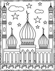 Islamic mosque coloring book page For Kids And Adults, with trees and clouds isolated on a transparent background.