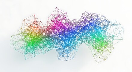 Abstract colorful network of dots and lines, resembling a cloud or organic form, isolated on white background