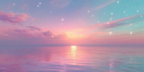 A serene ocean scene at sunset with pastel hues of pink, blue, and purple. Sparkles illuminate the sky