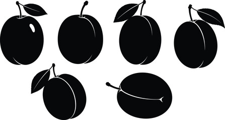 Black plum silhouette, fruit icon, minimal plum vector, plum shape variation, plum stem leaf, plum contour, plum illustration, plum design, plum graphic, plum artwork, plum clipart, plum set