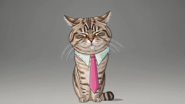 Chat cartoon 3D ray&eacute; portant une cravate rose et une chemise verte