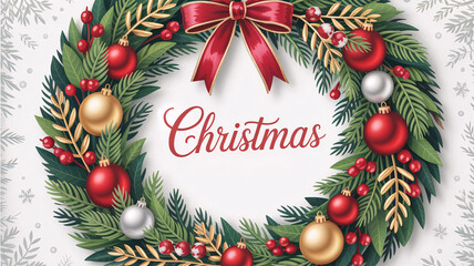 Christmas wreath with red bow and baubles, fir and holly foliage, berries and golden accents on snowy background, festive holiday frame illustration