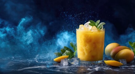 A refreshing mango drink with ice, mint, and ripe fruit against a smoky blue background