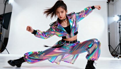 Energetic Dancer in Holographic Outfit Striking Dynamic Pose