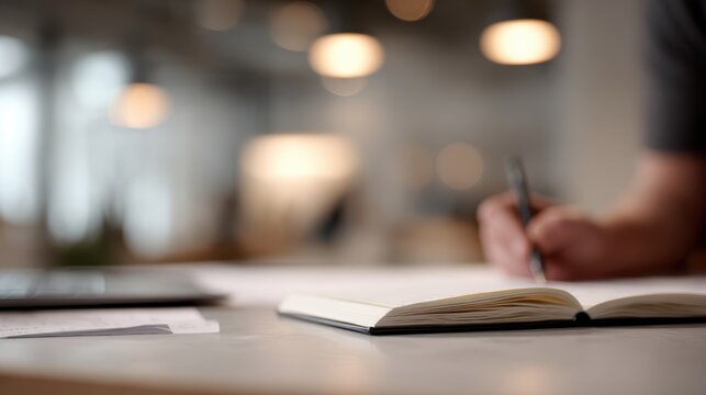 A creative designer sketching fresh ideas in a notebook at a lively co-working space, with a laptop open next to them.