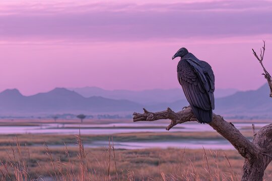 A black scavenger bird rests on a bare branch, gazing at a misty landscape