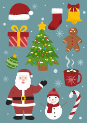 Colorful Christmas object illustration worksheet for kids featuring Santa Claus, Christmas tree, gingerbread, presents, and ornaments. Perfect for holiday learning or decoration.
