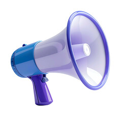 Digital render of a glossy megaphone in shades of blue and purple against a black background