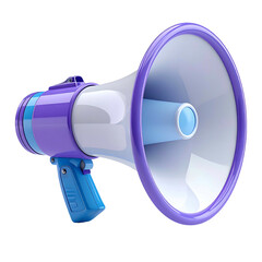 Shiny, 3D rendering of a megaphone, colored in purple, white, and blue, angled to the right