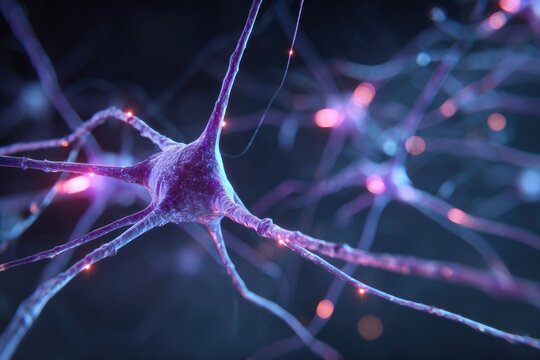 A detailed, close-up visual of neuron cells with intricate branching, glows, and a dark backdrop