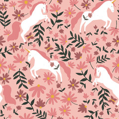 Cute unicorn and flowers seamless pattern. Whimsical fairytale background with magical horses on a pink backdrop. Sweet illustration for girls' nursery fabric, wallpaper, or textile design.