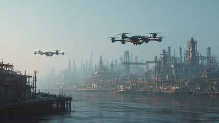 Futuristic transport and industrial drones fly over a minimal cityscape in hyperrealistic detail. The scene symbolizes technological advancement, automation, smart cities, and the merging of industry 