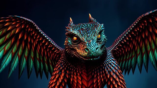 A fierce dragon with glowing orange eyes and vibrant green-red scales, set against a dark background, exudes a menacing, mythical presence