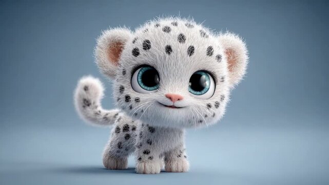 A fluffy, cartoon snow leopard cub with closed eyes and a small smile