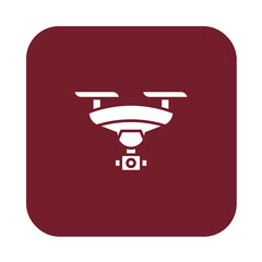 White drone icon with camera on a dark red square background