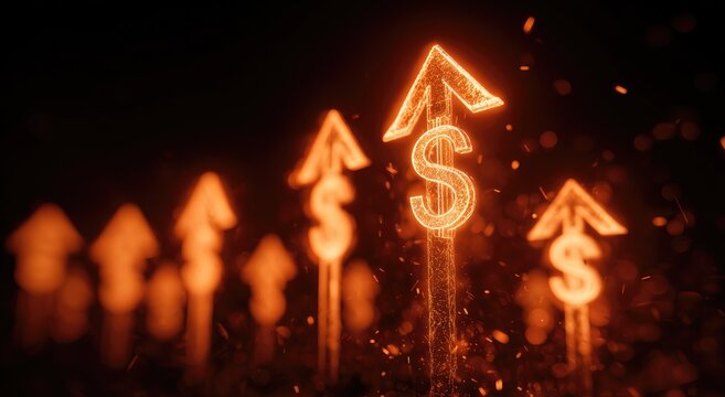 Glowing arrows with dollar sign symbols pointing upward with a dark background and sparks