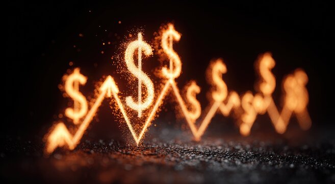Glowing golden dollar signs trace a growing upward trend against a dark background