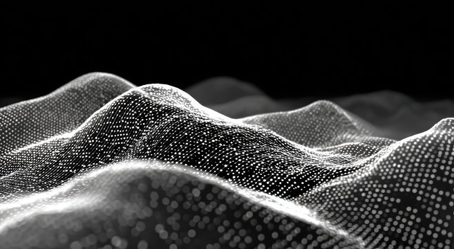 Abstract grayscale landscape of glowing dots, creating a 3D-like undulating terrain
