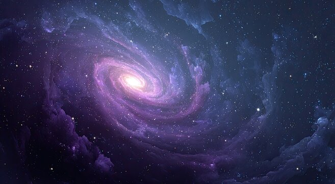 A swirling cosmic galaxy with shades of purple, blue, and white, stars scattered across