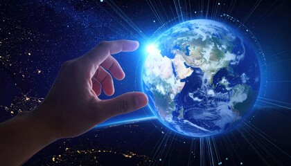 Hand touching digital hologram of Earth, glowing data streams, global connection concept 