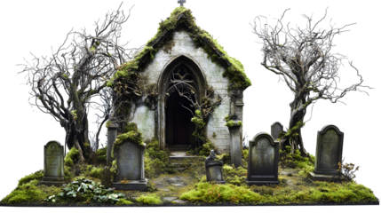 Detailed miniature model of overgrown cemetery scene with moss-covered tombstones and trees