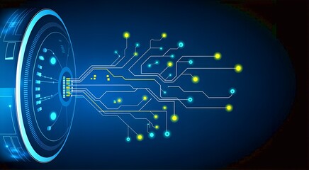 Futuristic technology background with circuit board and glowing blue elements