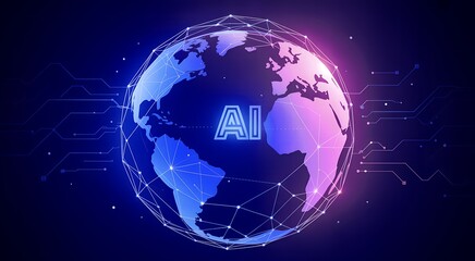 Artificial intelligence concept with world map and glowing network connection