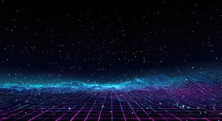 Abstract digital rendering features a grid of lines, a wavy structure, and a starry sky