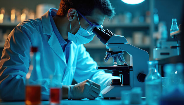 Forensic scientist in lab coat and mask examines evidence through microscope. Man works with various lab equipment, test tubes and bottles. Forensic expert analyzes samples in medical laboratory.