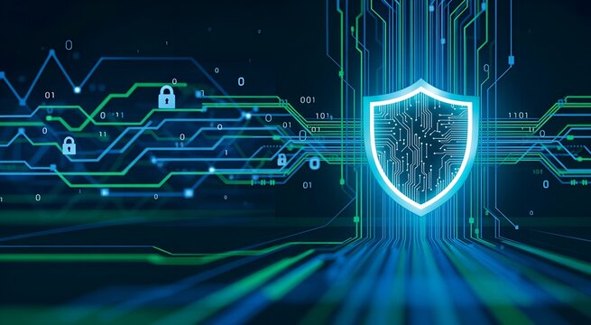 Cyber security concept with shield and circuit board on dark background