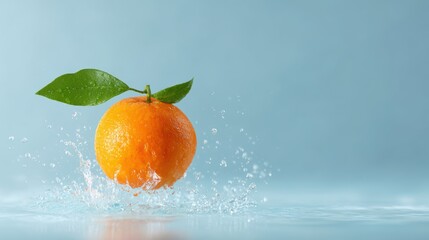 Levitating orange with green leaves surrounded by water splash, bright healthy fruit imagery.