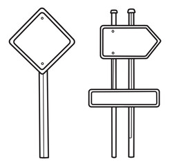 Fototapeta premium Simple black and white illustrated road signs for navigation and directional guidance