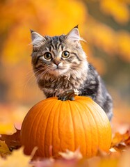 Fluffy tabby cat perches on an orange pumpkin amongst vibrant autumn leaves