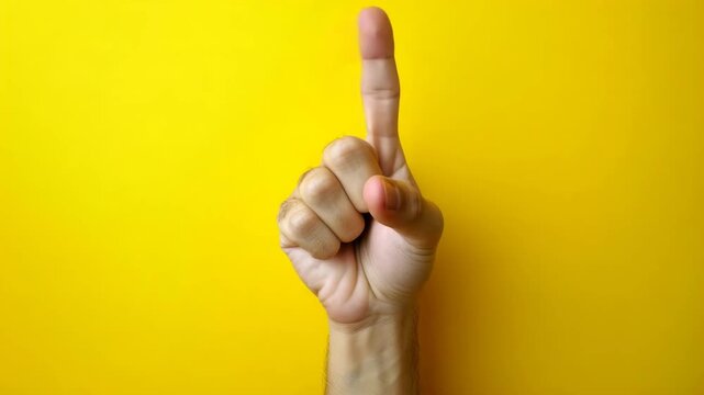 Hand gesture shows one finger against a bright yellow background in a simple and clear display