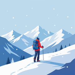 Backpacker in snowy hills landscape with impressive mountain range under snowfall. Backpacker, seen from behind, explores picturesque snowy hills in cool winter weather,