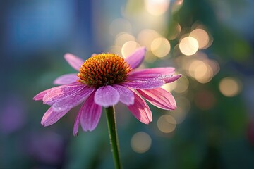 Close-up of a purple coneflower with water droplets; bokeh background