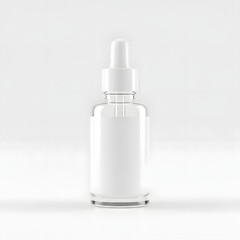 Empty Clear Dropper Bottle with White Pipette Cap on White Background