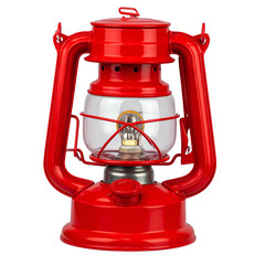 A classic red lantern with a clear glass globe and a lit, vintage filament bulb inside