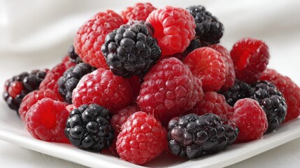Fresh raspberries and blackberries piled on a white plate against soft background
