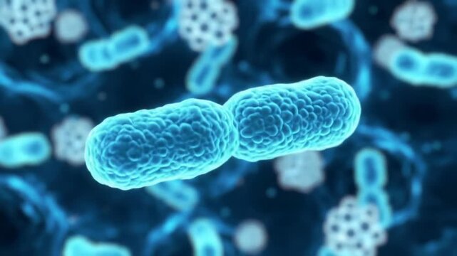 ECU macro video of vibrant light blue bacteria and cocci multiplying, dividing, glowing in deep blue liquid environment. Precise scientific biological process.