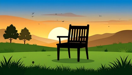 A simple, two-dimensional illustration features a black chair silhouetted against a vibrant sunset landscape with rolling hills and sparse trees