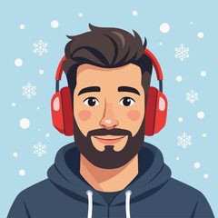 Obraz premium Man with red earmuffs and beard enjoying music in winter mood with snowflakes in background celebrating cozy atmosphere. Man with earmuffs showcases modern winter style in festive setting.