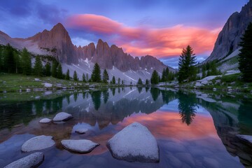 Picturesque reflection of the mountains in the lake during the sunset hour
