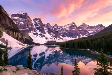 Scenic view of moraine lake with mountains reflecting in the water at sunset