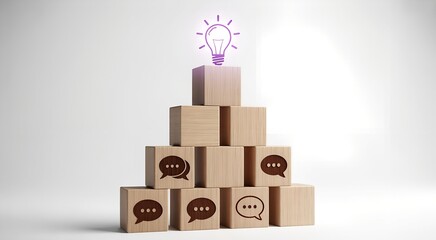 Wooden blocks stacked with light bulb and speech bubble isolated on white background