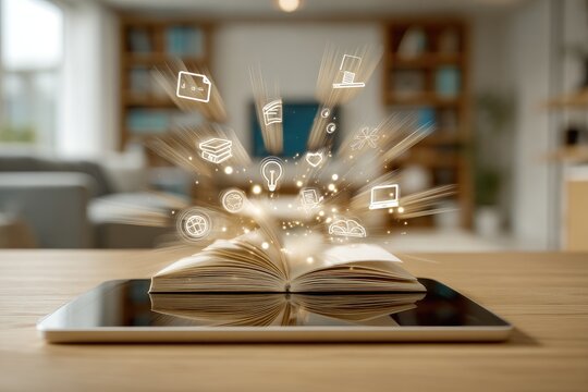 A tablet holding an open book with digital icons emanating, blurry background of a living room - Powered by Adobe